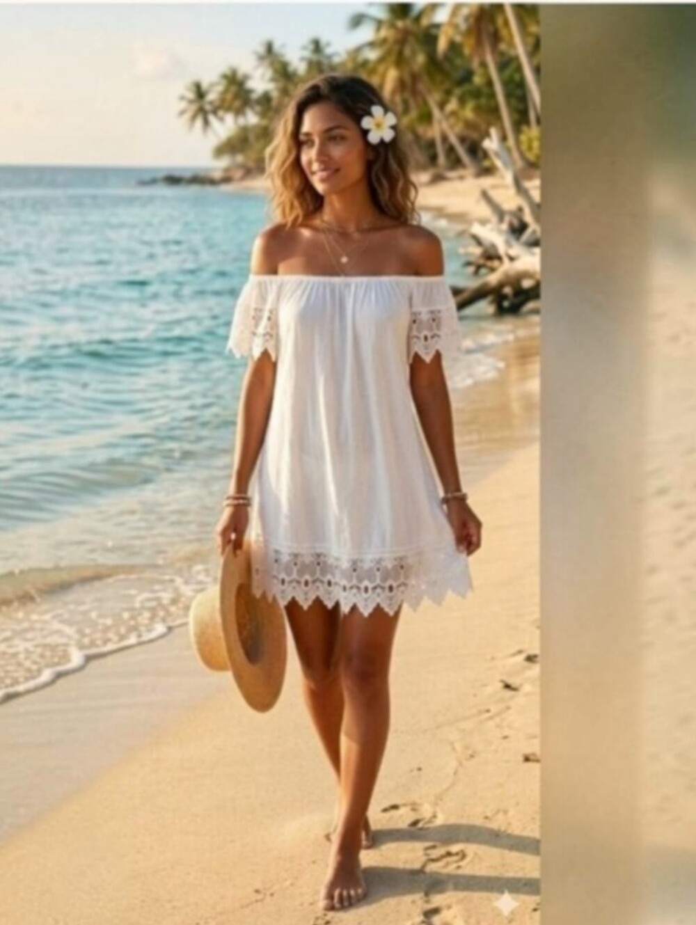 Iris White Off the shoulder dress/tunic top/beach cover up,XL EUC